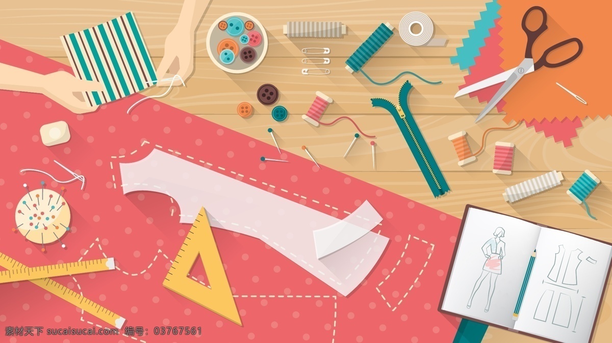 时尚 缝纫 用品 背景 静物 时装设计 图纸 剪刀 针线
