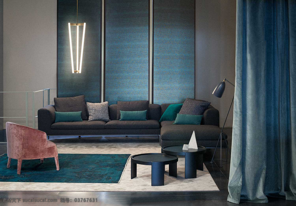 美式 时尚 客厅 深蓝色 地毯 室内装修 效果图 客厅装修 深色地板 深蓝色地毯 蓝色窗帘