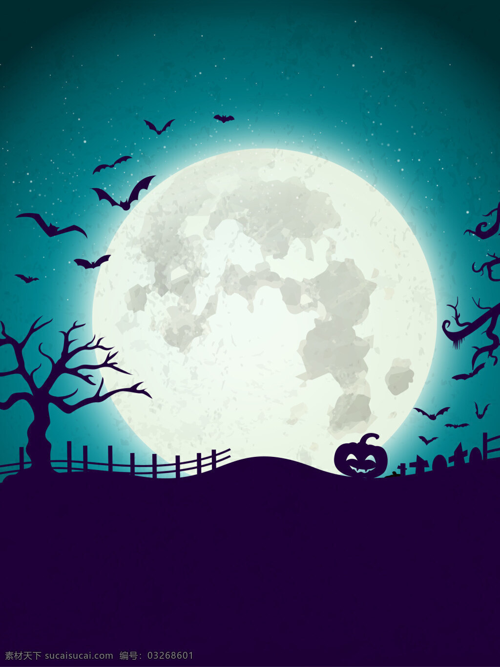 恐怖 万圣 夜 背景 广告 蝙蝠 海报 枯树 模板 墓地 南瓜灯 平面 矢量 万圣节