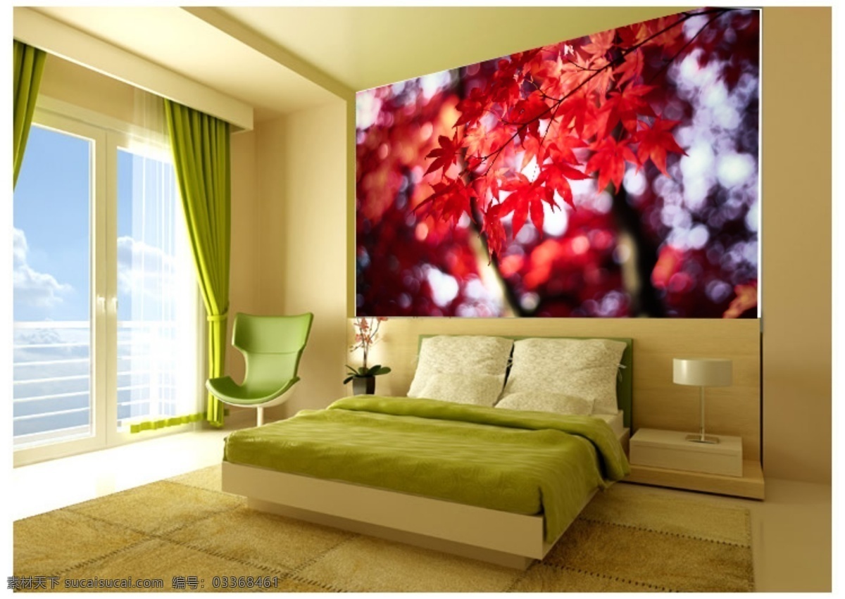 卧室 红叶 背景 墙 效果图 家具装饰 家装 装修 图案 设计素材 小 清新 风格 黄色