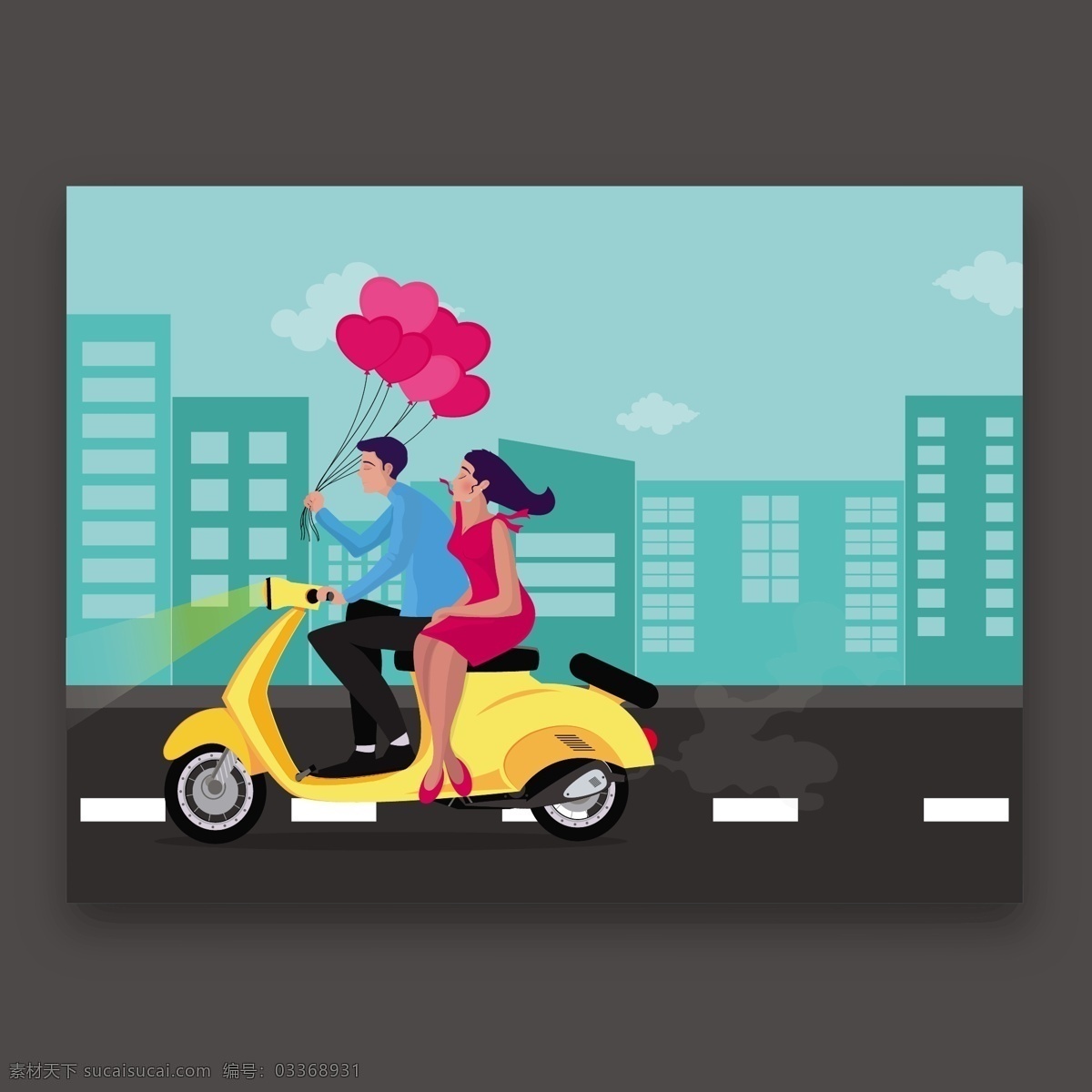 摩托 车上 情侣 漂亮 情人卡 心 卡片 爱 情人节 颜色 庆祝 快乐 夫妇 公寓 装饰 气球 建筑物 平面设计 日期 摩托车