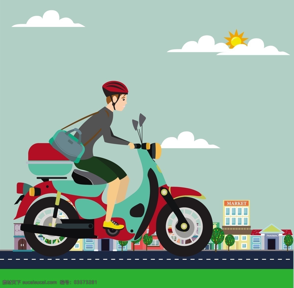 骑 摩托车 女人 背景 图 广告背景 广告 背景素材 底纹背景 上班族 城市 道路 交通工具 太阳 白云 天空