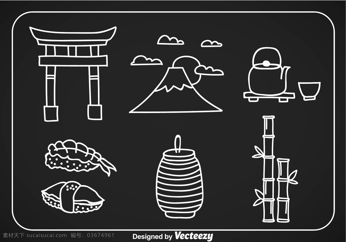 手绘 线性 日本 图标 日本图标 图标素材 寿司 矢量素材 竹子 蜂蜜 茶杯 茶壶 富士山