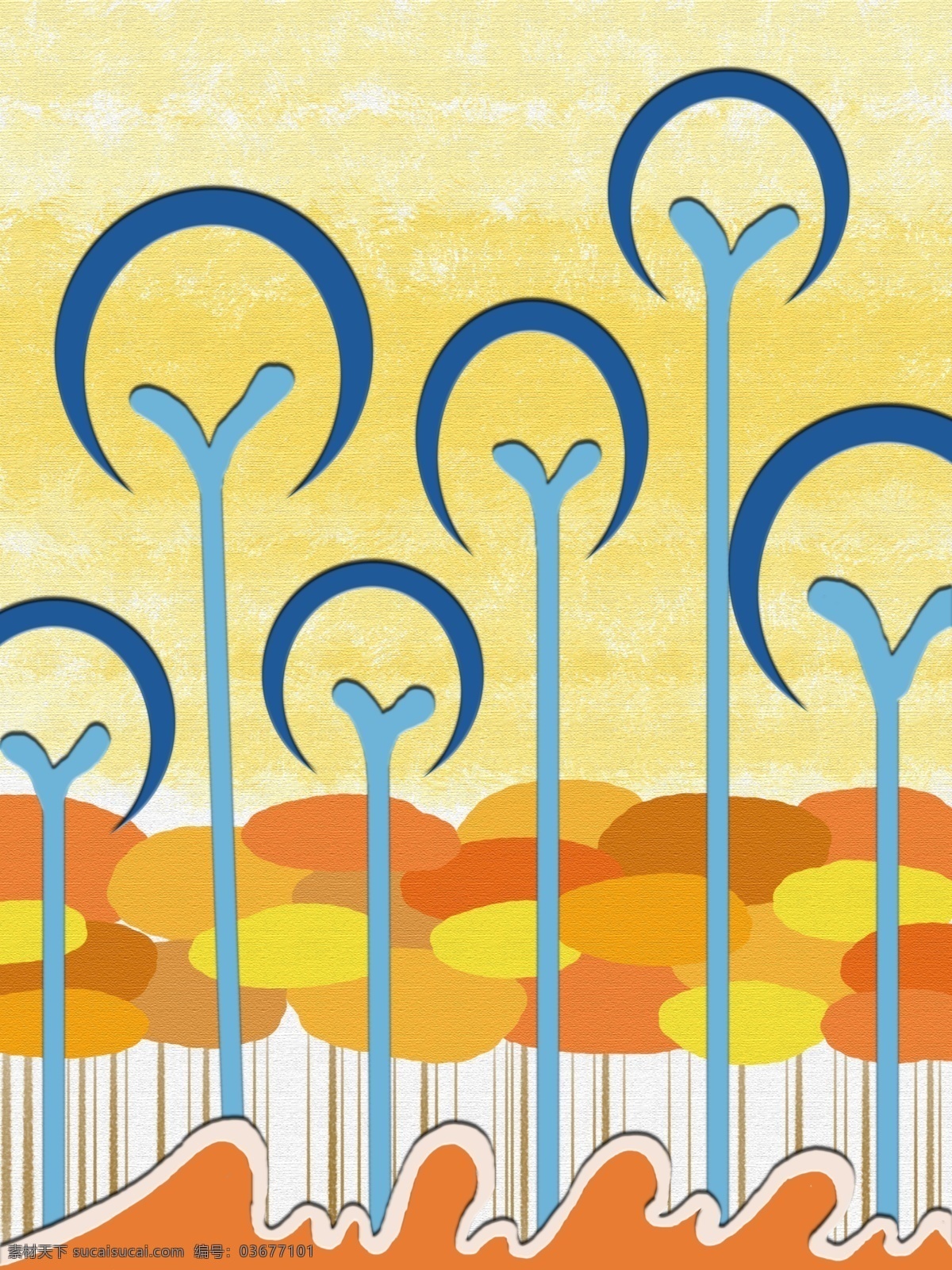 简约 手绘 创意 蓝色 植物 客厅 装饰画 一联画 淡黄色背景 简约创意 客厅装饰画 色块抽象橘色