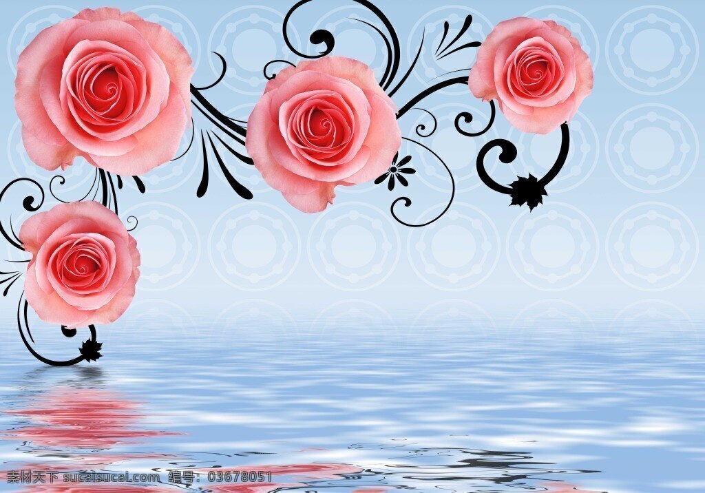 3d玫瑰 玫瑰 花藤 玫瑰花藤 水中玫瑰 装饰背景墙 粉色