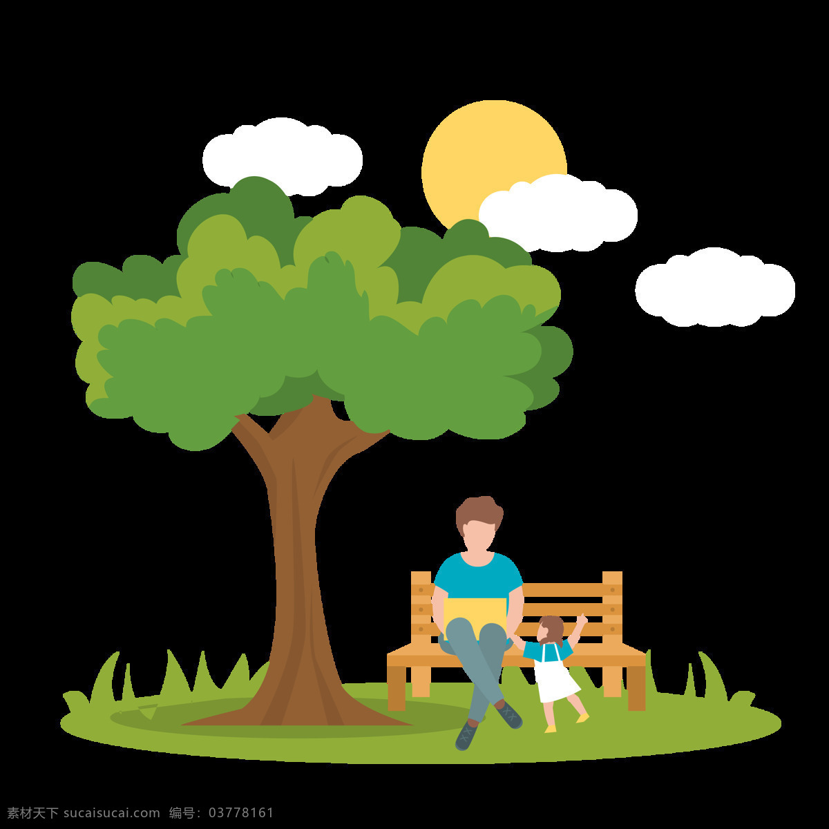 卡通 插 画风 大树下 父女 大树 公园 草地 户外 大自然 正在 工作 父亲 小女孩 长椅 太阳白云