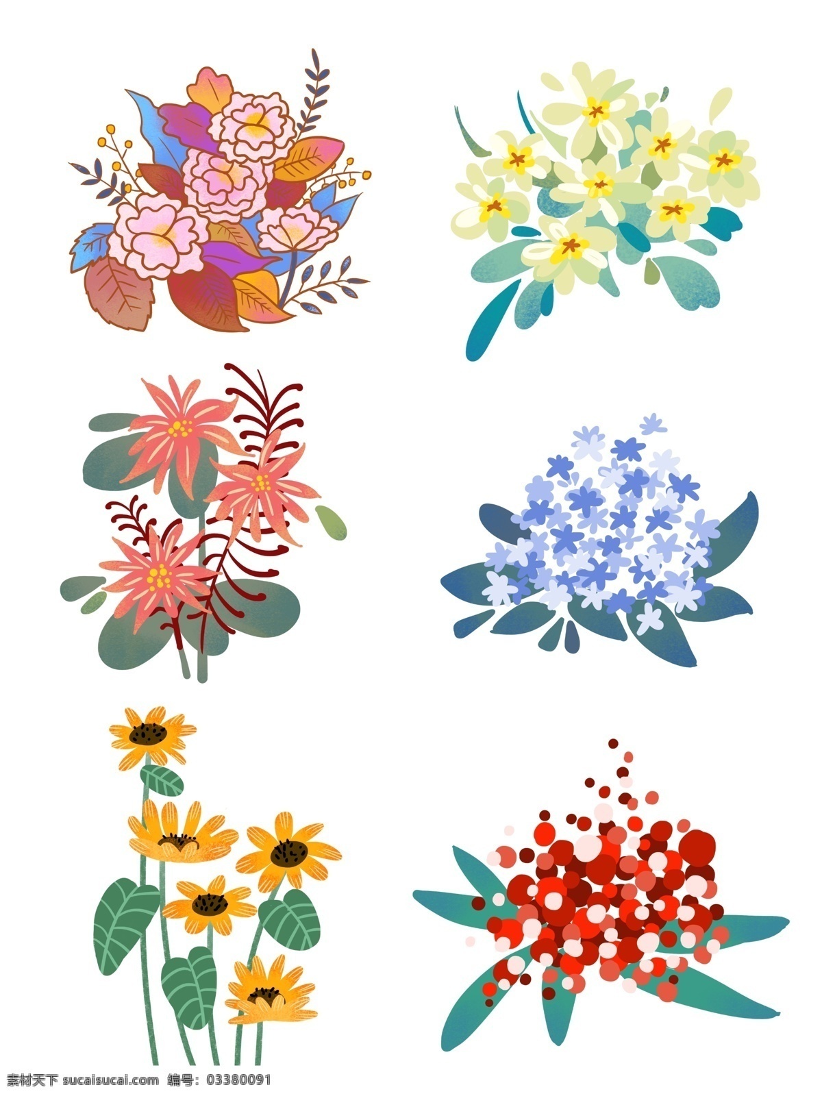组 卡通 手绘 彩色 花朵 花卉 装饰 元素 图案 合集 向日葵 红色 满天星 黄色