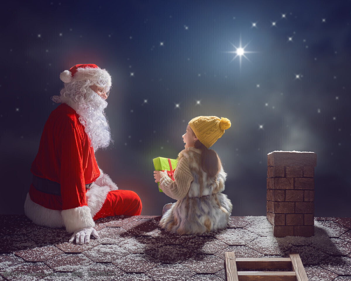 圣诞老人 礼物 小女孩 夜晚 星空 红色 服装 烟囱 开心 房顶 聊天 圣诞节 人物图库 其他人物
