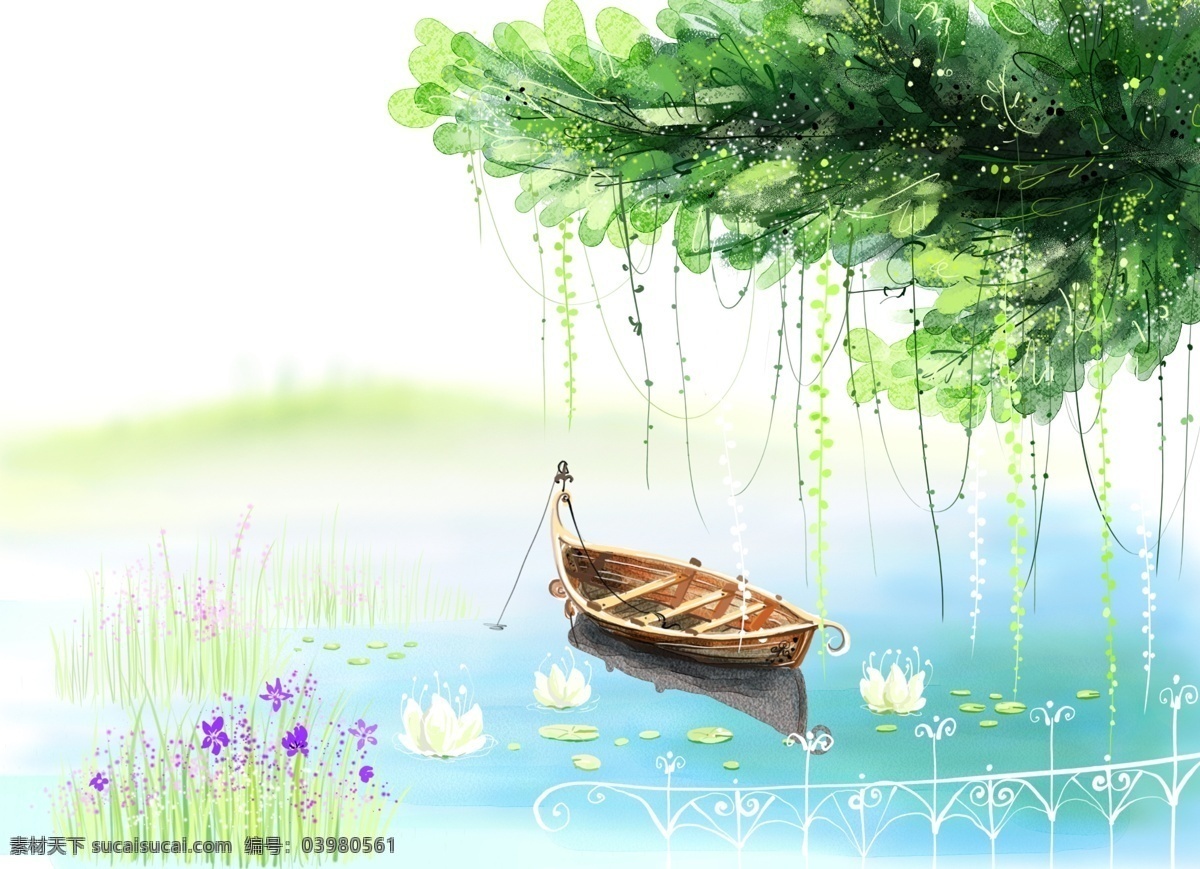 湖光 春色 psd源文件 垂柳 湖水 卡通漫画 绿树 小船