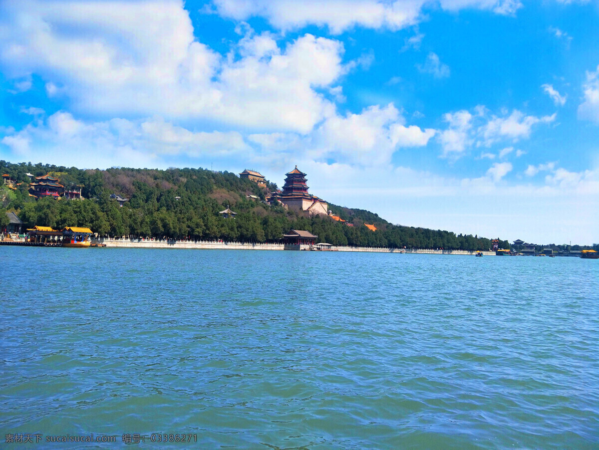 北京颐和园 颐和园 北京 园林 皇家园林 蓝天 天空 白云 昆明湖 湖水 万寿山 垂柳 佛香阁 风景图 自然景观 自然风景
