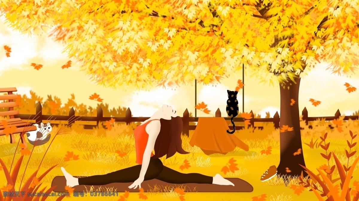 女孩 秋天 树林 草地 上 做 瑜伽 原创 插画 树木 落叶 草坪 瑜伽舞蹈 手机配图