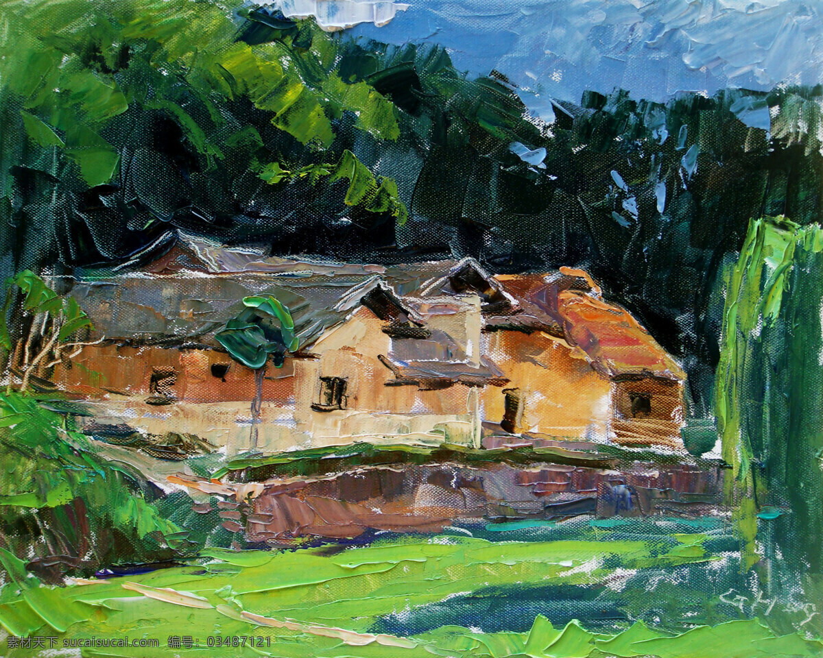 草地 房屋 风景画 绘画 绘画书法 美术 清新 山岭 韶山冲 设计素材 模板下载 油画 韶山 毛泽东故居 树林 树木 油画艺术 油画作品14 文化艺术