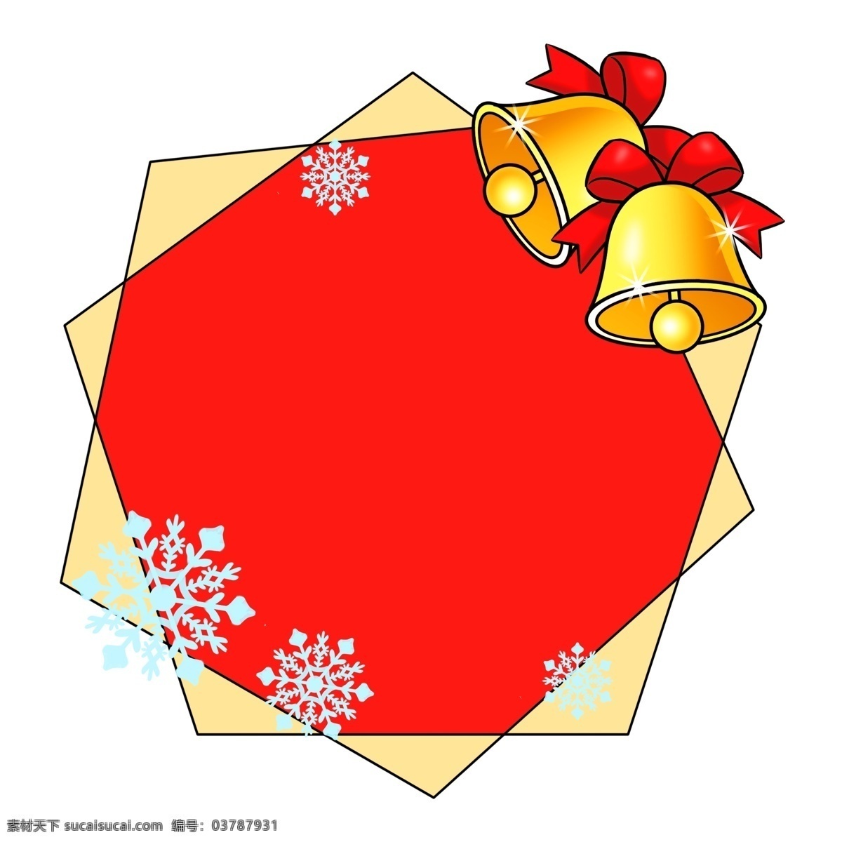 手绘 黄色 铃铛 边框 红色底纹插画 手绘雪花边框 红色丝带打结 多边形边框 圣诞节边框 黄色铃铛边框