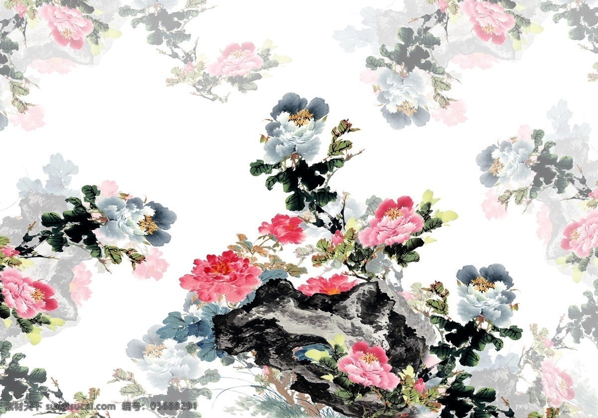 中国 风 牡丹花 水墨 数码 印花 传统 元素 中国风 牡丹花卉 水墨风 数码印花 传统元素