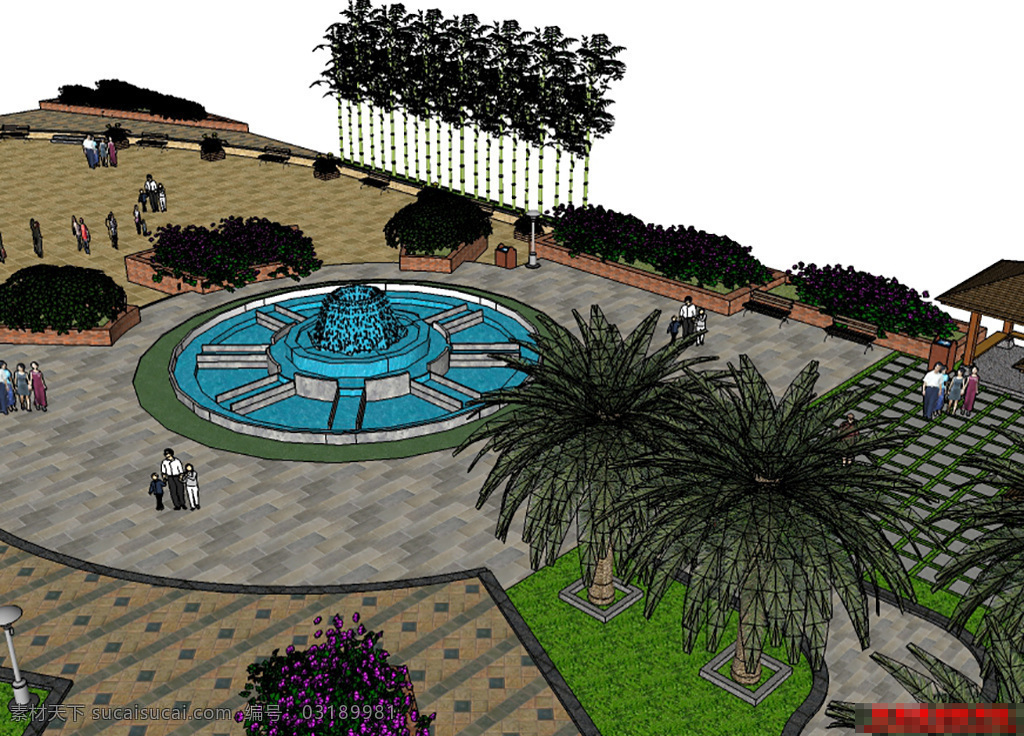公园景观 广场 园林 景观设计 skp 3d模型 中心广场 树木 园林设计 室外 小区广场 悠闲 花坛 绿化带 公园场景 公园设计 人工湖 白色