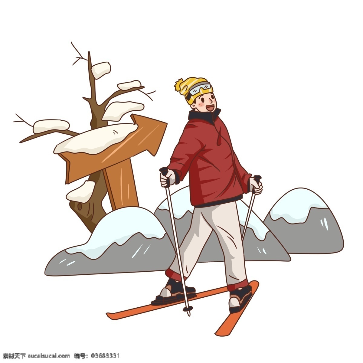 手绘 冬季 旅游 雪上 运动 滑雪 插画 冬季旅游 雪上运动 雪原 滑雪板 滑雪杖 滑雪场 滑雪男子 冬日滑雪