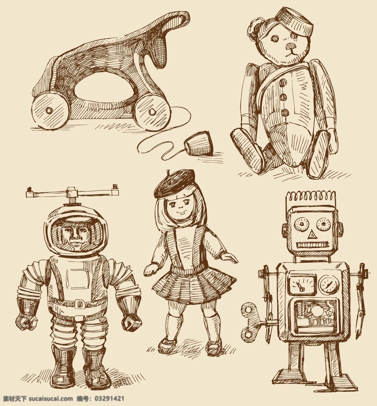 手绘 娃娃 木马 小熊 宇航员 机器人娃娃 矢量图 日常生活