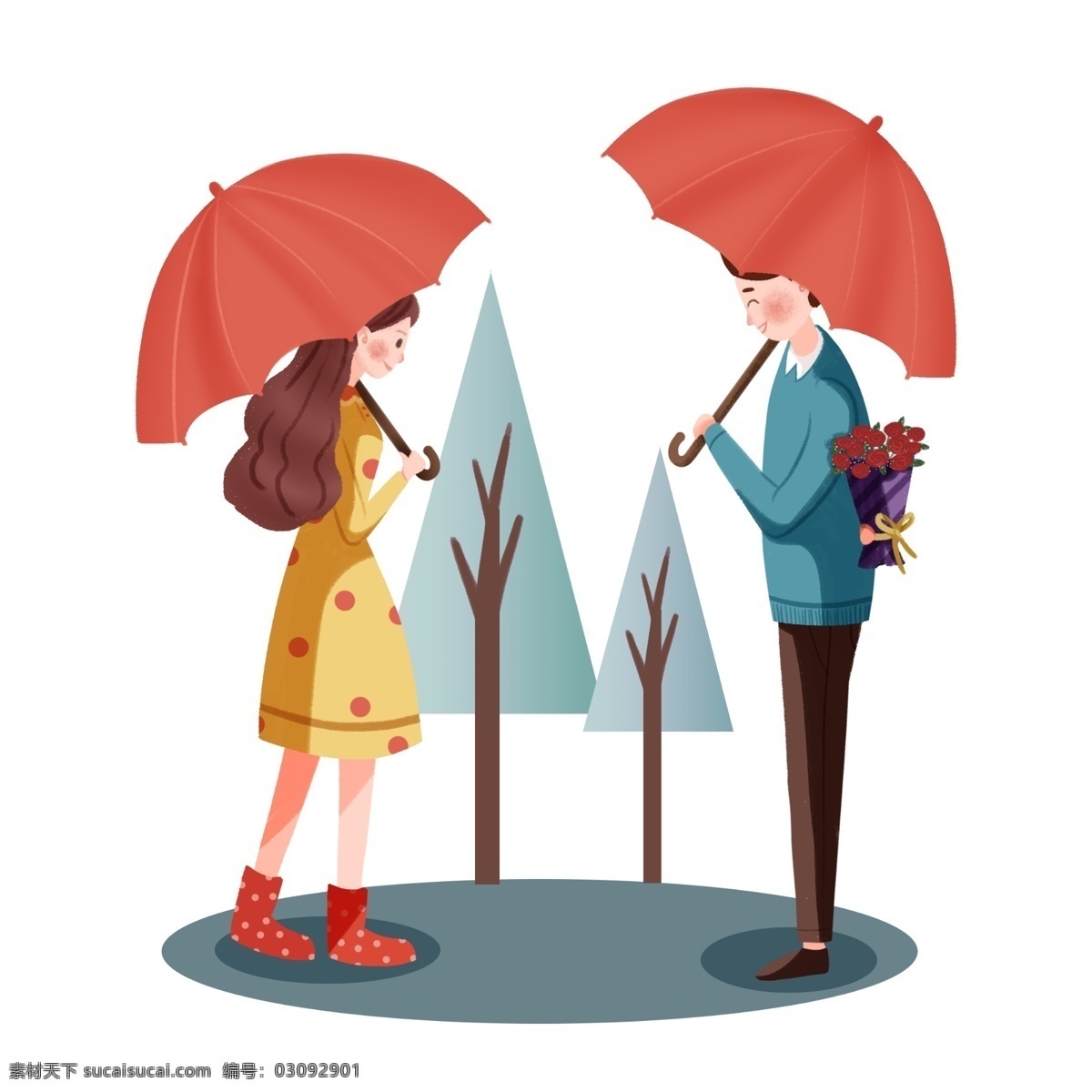 手绘 情人节 雨伞 插画 红色的雨伞 红色的玫瑰花 卡通插画 情人节快乐 期待的女孩