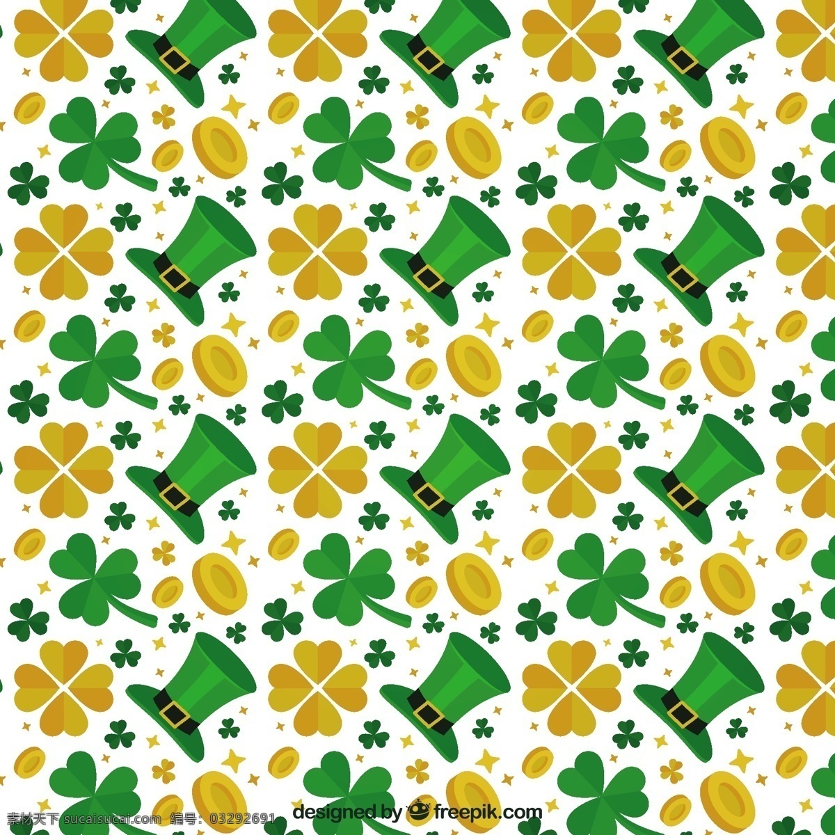 绿色 帽子 金色 三叶草 图案 背景图案 聚会 啤酒 绿色的春天 绿色的背景 庆典 节日 黄金 背景 春天的背景 无缝模式 文化背景 无缝 凯尔特人 爱尔兰人 白色