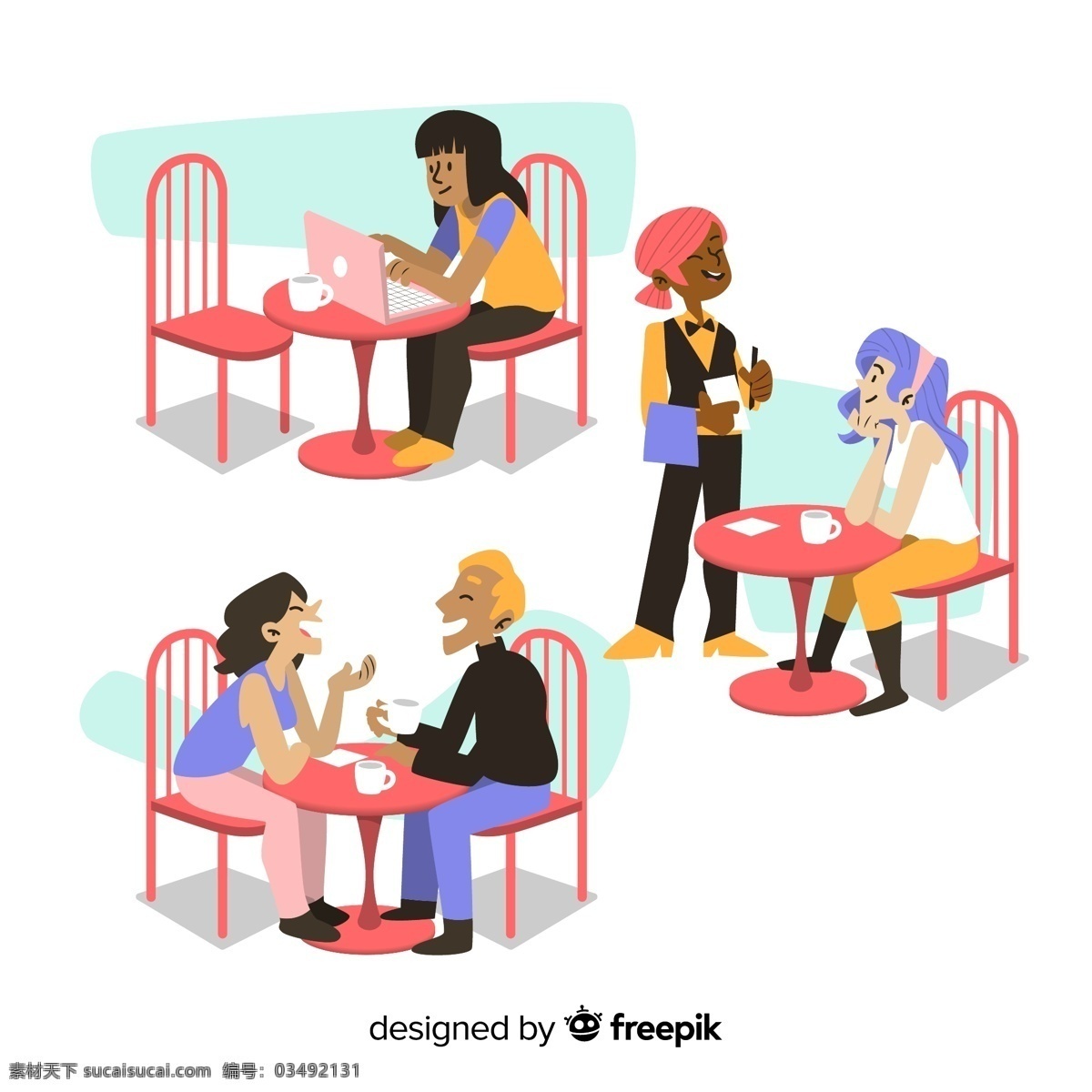 创意 咖啡店 人物 男子 女子 约会 椅子 电脑 桌子 聊天 服务生 点餐 顾客 动漫动画 动漫人物