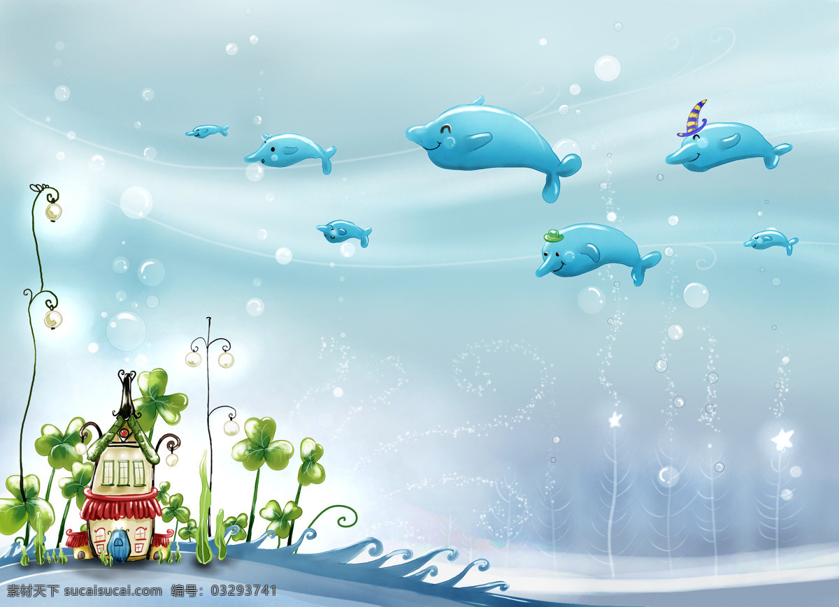 海底的海豚 海底世界 小海豚 卡通 青色 天蓝色