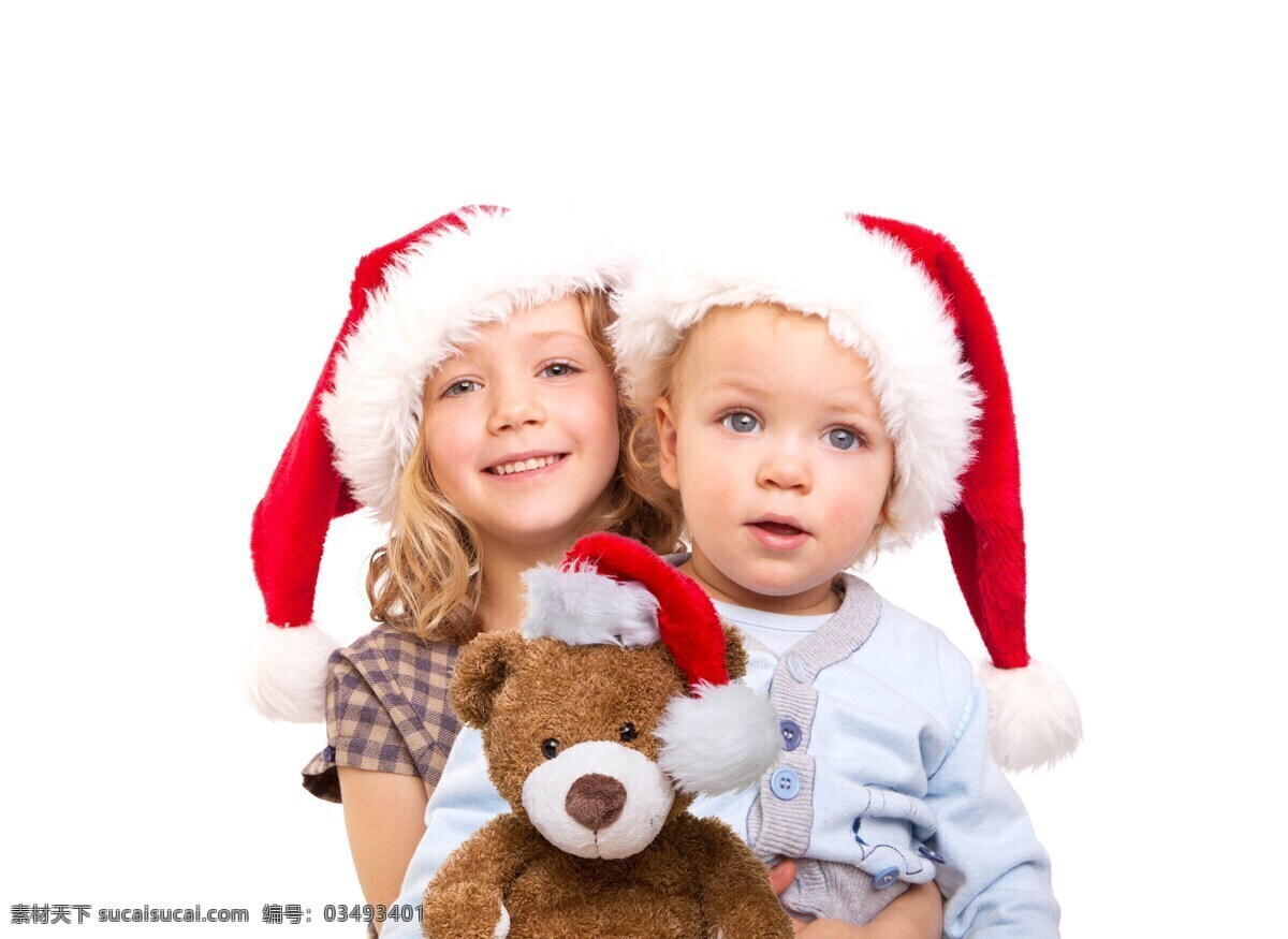 抱 玩具 熊 外国 小孩 玩具熊 男孩 女孩 圣诞帽 微笑 儿童图片 人物图片