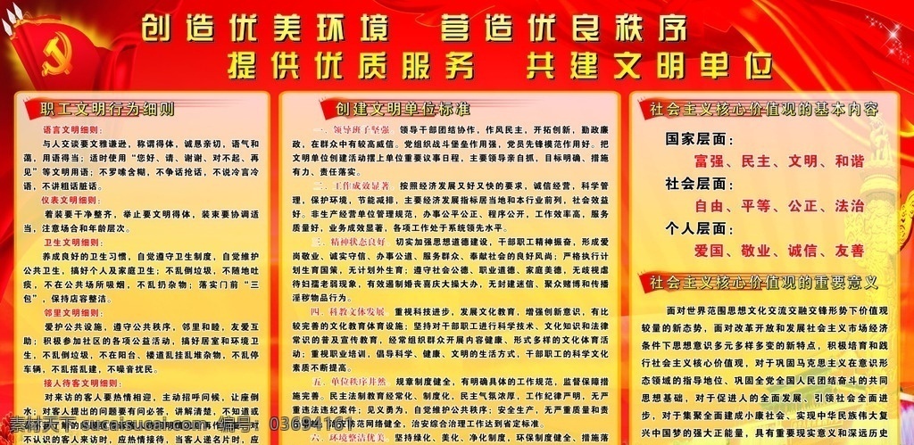 文明创建宣传 宣传展板 红色背景 党建 职工文明行为 创建文明单位 社会主义 核心价值观 的重要意义