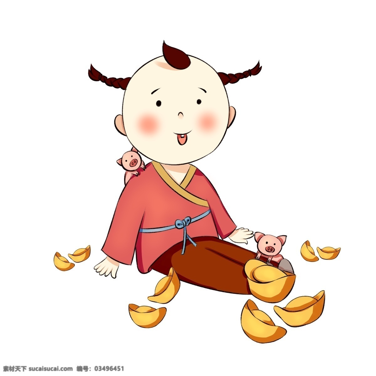 2019 猪年 新春 送 元宝 小猪 卡通小猪 卡通 手绘 q 版 小人 卡通手绘元宝 小 猪 趴在 人身 上 手绘古代小人