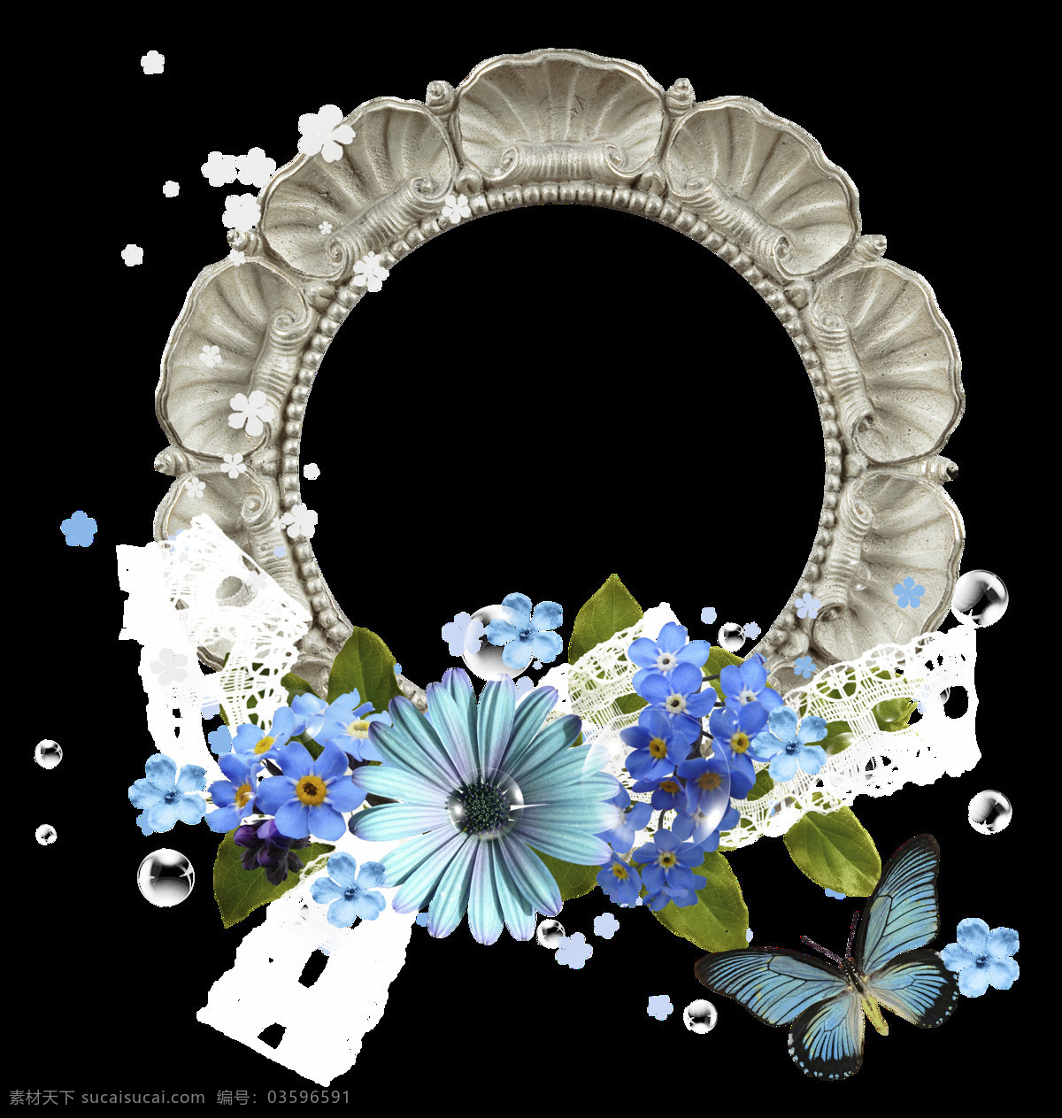 手绘 复古 镜框 纹理 框架 透明 花朵 蓝色 蝴蝶 浅灰色 免扣素材 透明素材