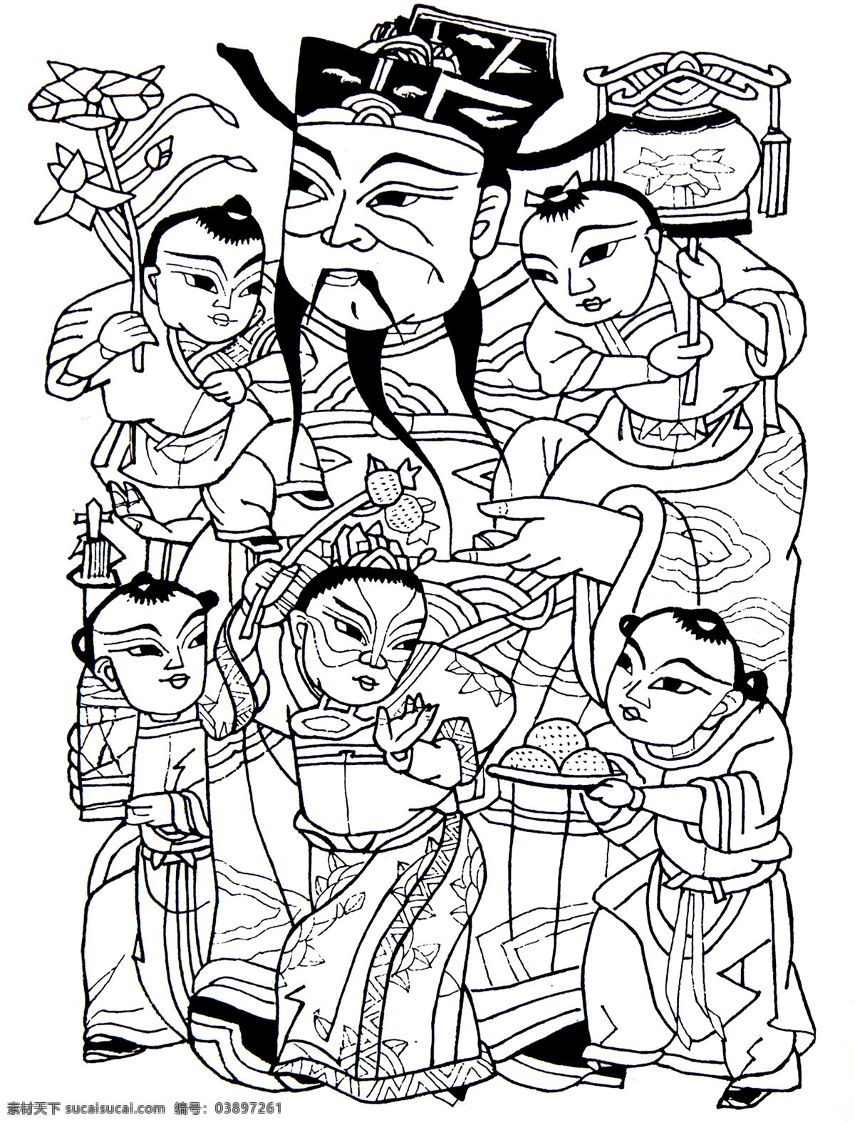天官五子 年画 财神 喜庆元素 节庆素材 人物线描 福 禄 寿 过年 节日庆祝 文化艺术 绘画书法
