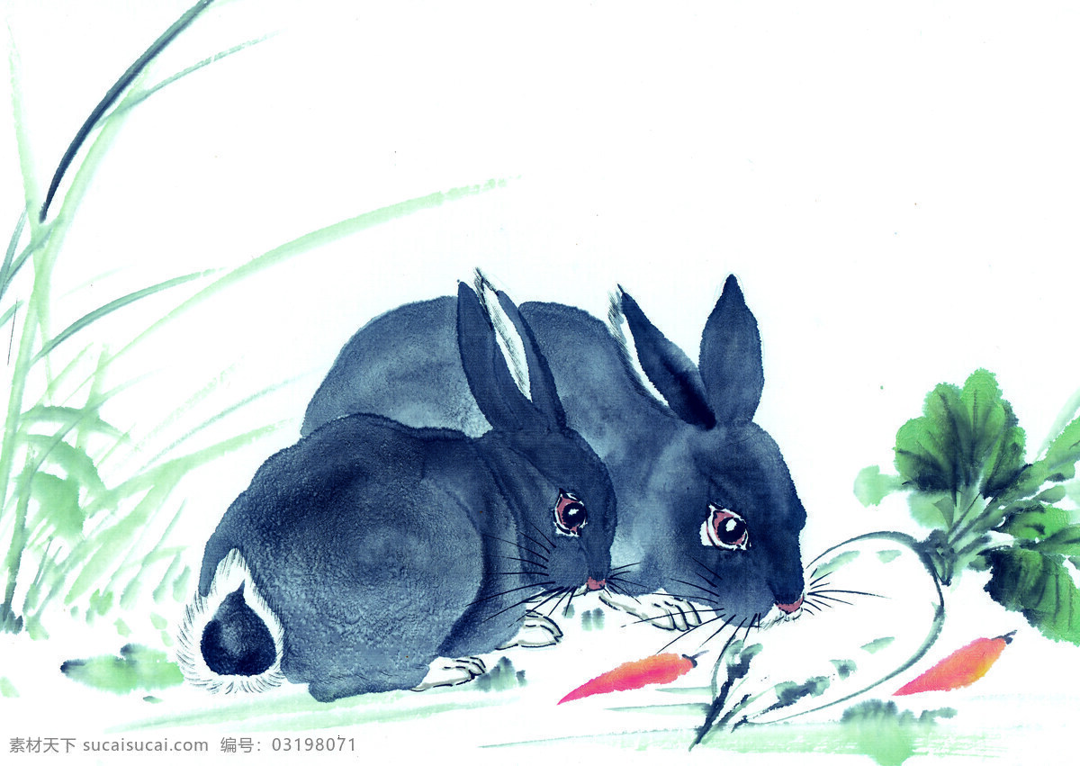 水墨 兔子 灰色 兔子吃萝卜 两只 文化艺术