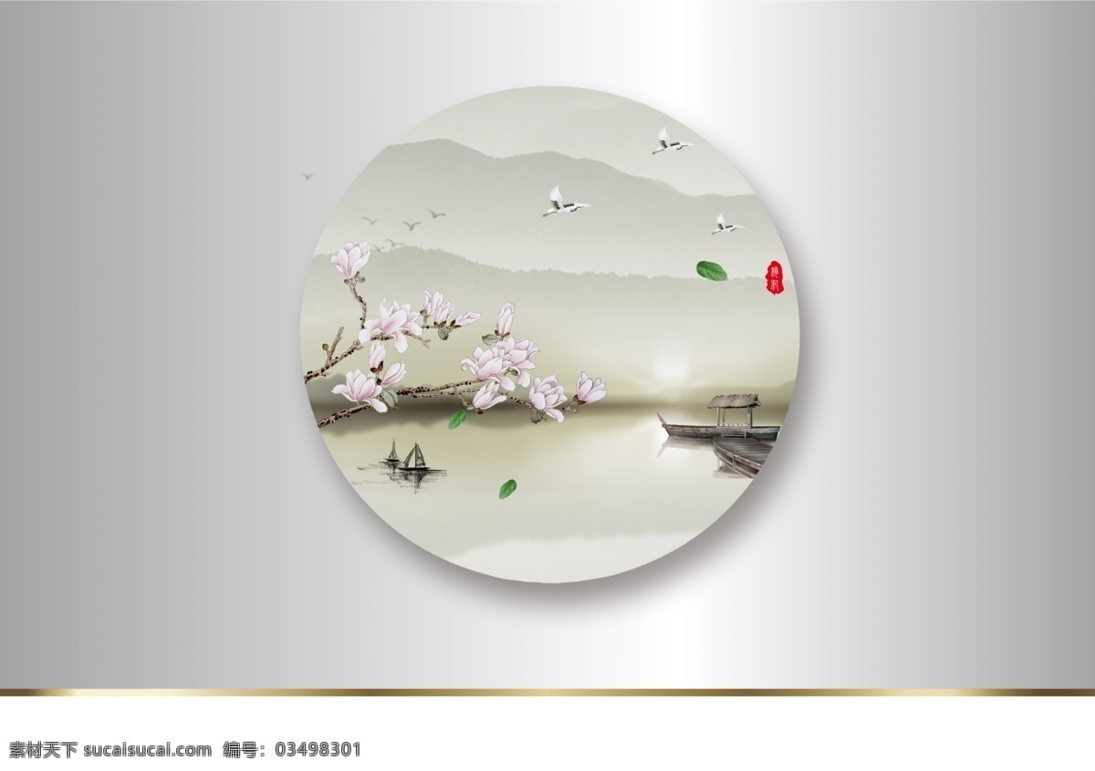 中国风 圆 盘子 花 屏风 装饰画 分层
