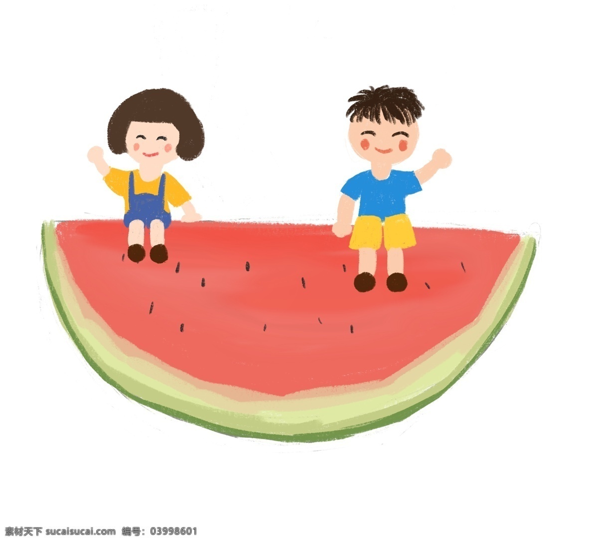 儿童节 西瓜 娃娃 可爱 幼儿园 教育 插画 初夏 夏季 小男孩 小女孩 卡通 手绘 幼儿