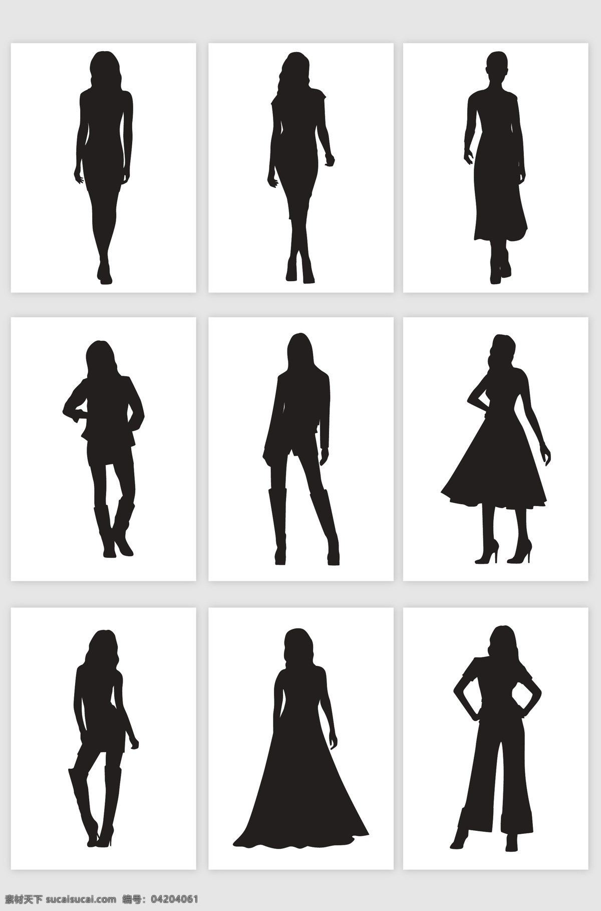 女性人物剪影 人物剪影 女性剪影 站立姿势 矢量图标 模特剪影