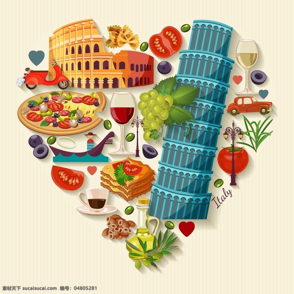创意 意大利 建筑 美食 静物 斜塔 披萨 水果 蔬菜
