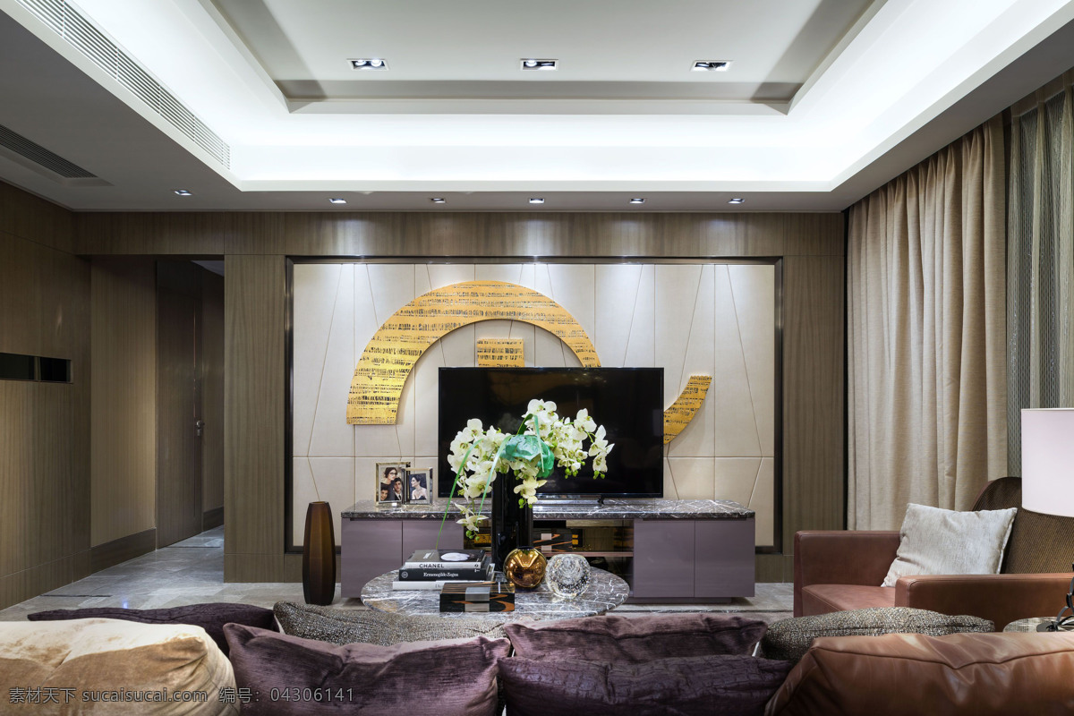 现代 客厅 金 褐色 亮 背景 墙 室内装修 效果图 客厅装修 绒质沙发 浅褐色窗帘 壁灯 白色台灯