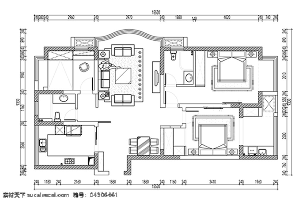 cad 三室 两 厅 高层 户型 平面 方案 多层 图 定制 居室 平面图 三室一厅 居室布局定制