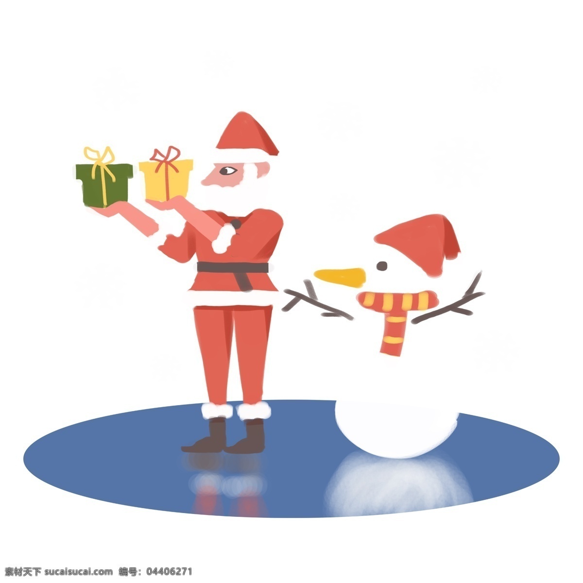 卡通 手绘 扁平 雪天 圣诞节 圣诞老人 雪人 冰面 送礼 物 侧面 卡通扁平 卡通雪人 卡通圣诞 送礼物 湖面