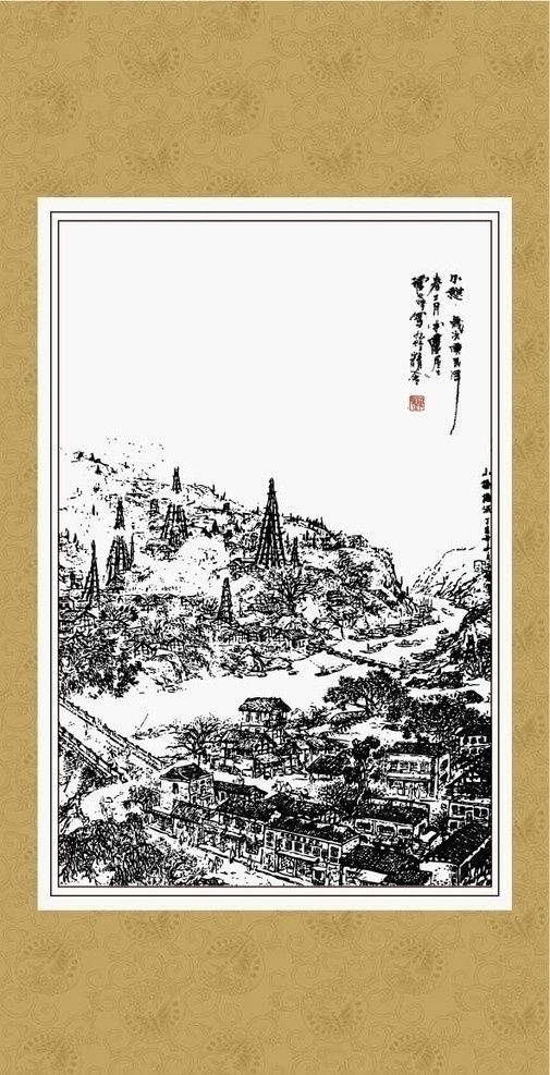 江南小镇 工笔 白描 国画 写实 建筑 园林 风景 传统文化 文化艺术 矢量