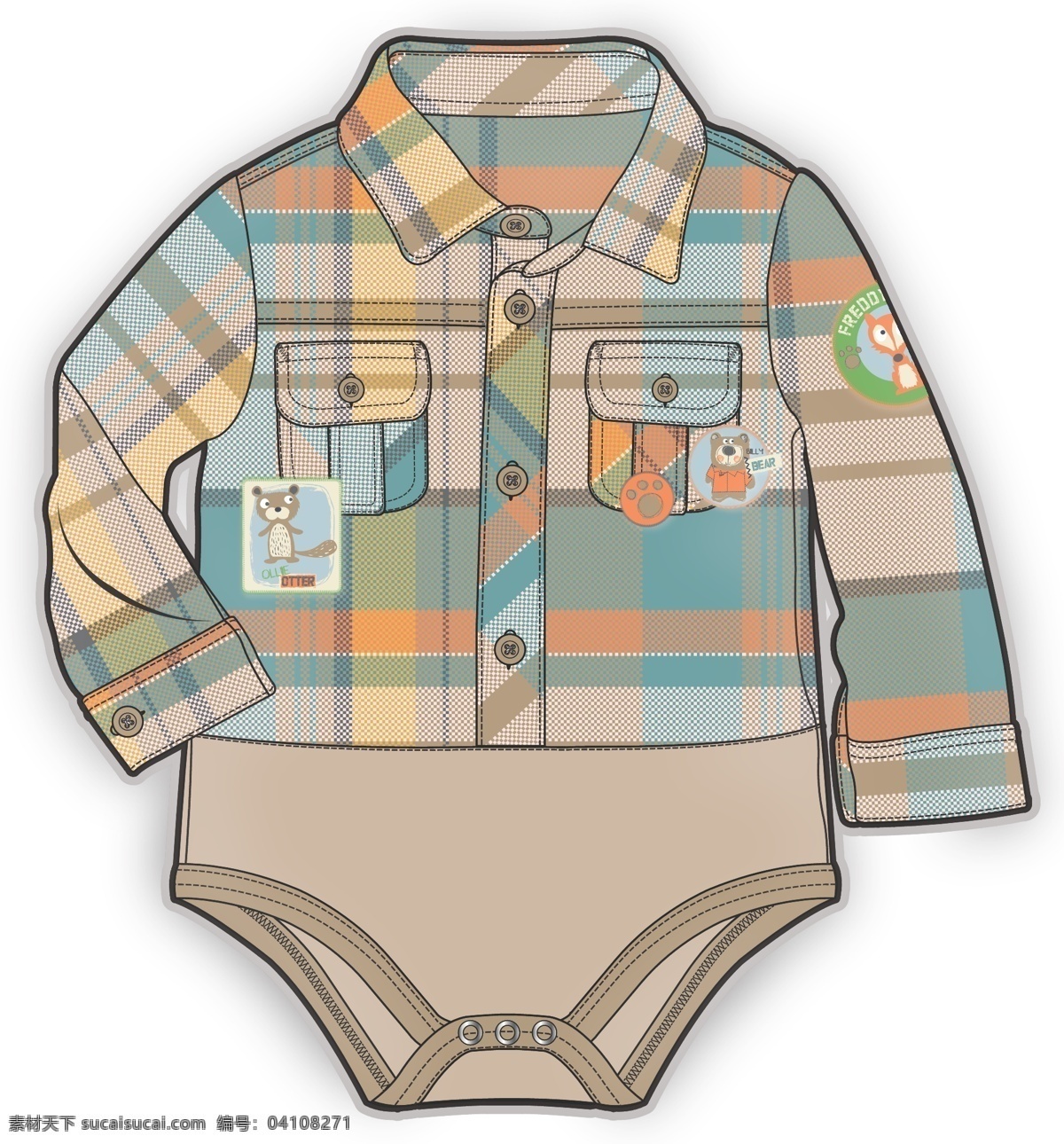 连体 格子 衫 彩色 婴儿 服装设计 矢量 儿童服装设计 可爱 手绘 保暖 线条 源文件