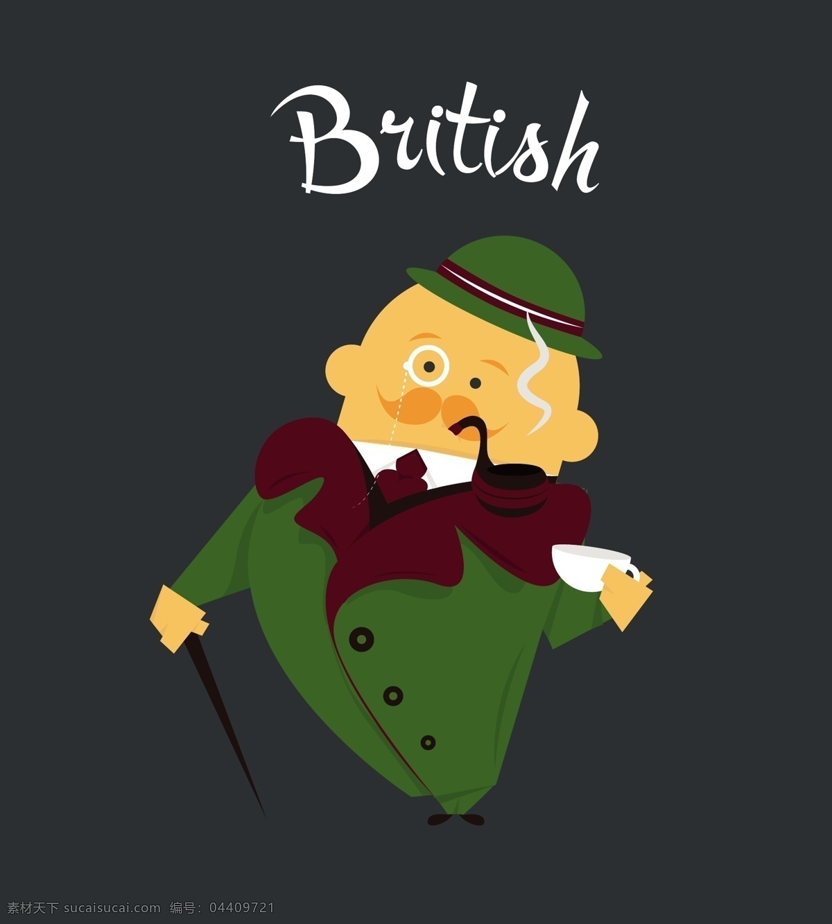 英国 男子 平 插图 人 卡通 社会 平面 人物 茶 杯 英语 卡通人物 教授 茶杯 绅士 传统 欧洲 灰色