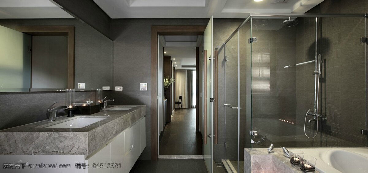 现代 冷感 卫生间 深色 背景 墙 室内装修 效果图 个性时尚 灰色浴缸 深色背景墙 卫生间装修