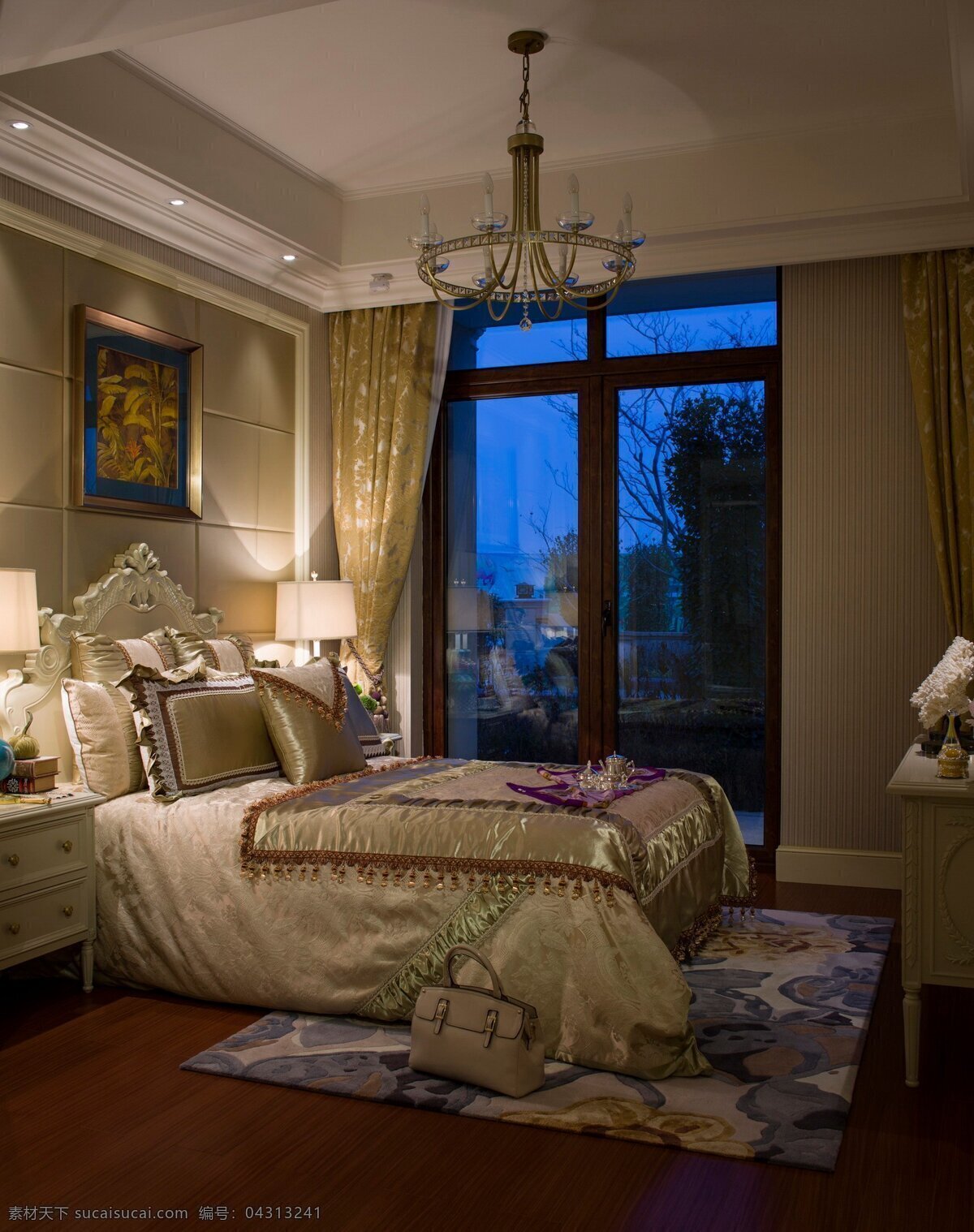 现代 时尚 卧室 蓝 金色 挂画 室内装修 效果图 卧室装修 木地板 蓝色花纹地毯 透明吊灯