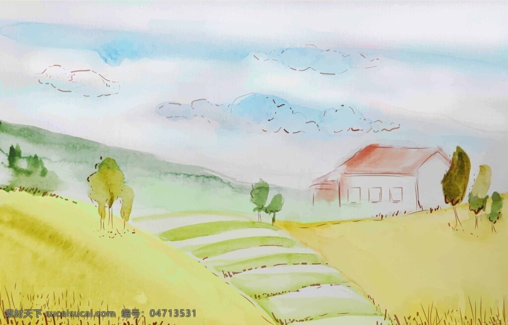 田间小路插画 房子 水彩绘 自然 风景