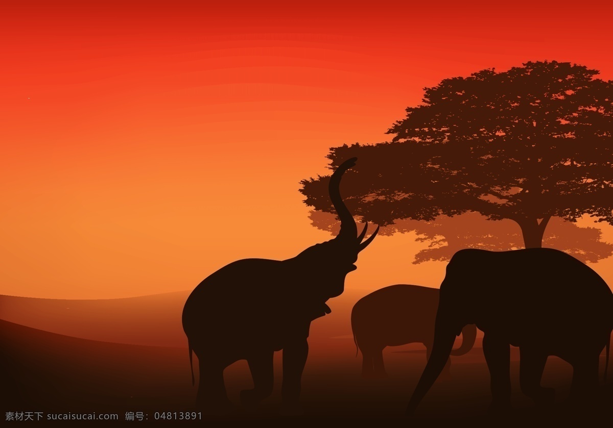 夕阳 下 非洲 大 草原 上 大象 红色天空 傍晚 日落 晚霞 大树 非洲草原 荒野 景观 大自然 野生动物 插图 动漫动画 风景漫画