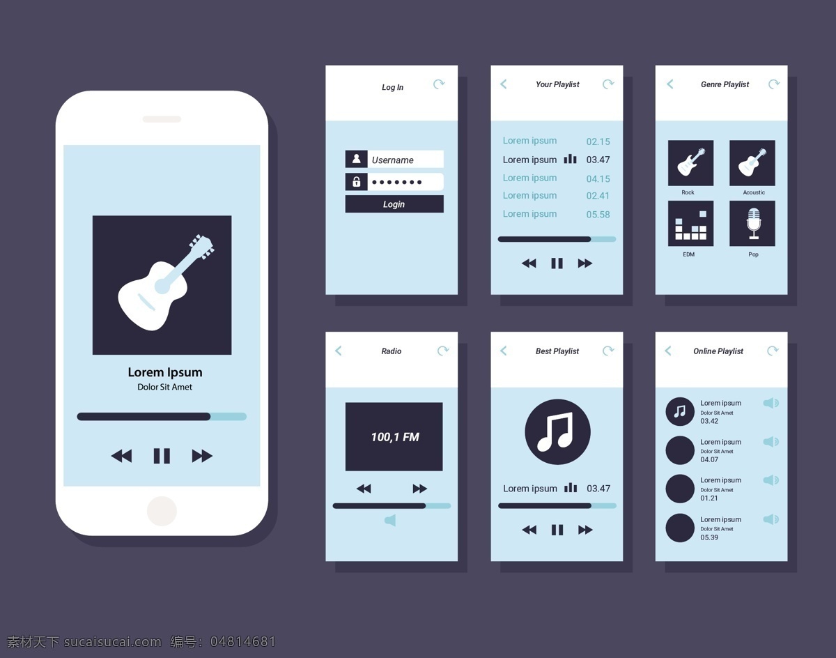 app界面 ui ui设计 扁平 界面设计 矢量素材 音乐 音乐app 音乐软件 app