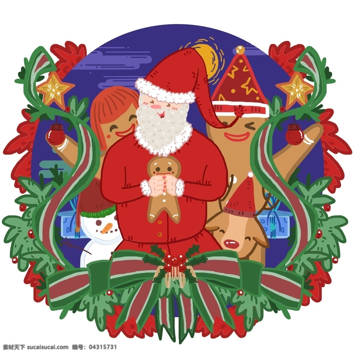 手绘 圣诞 场景 圣诞老人 姜饼 人 元素 姜饼人 雪人 麋鹿