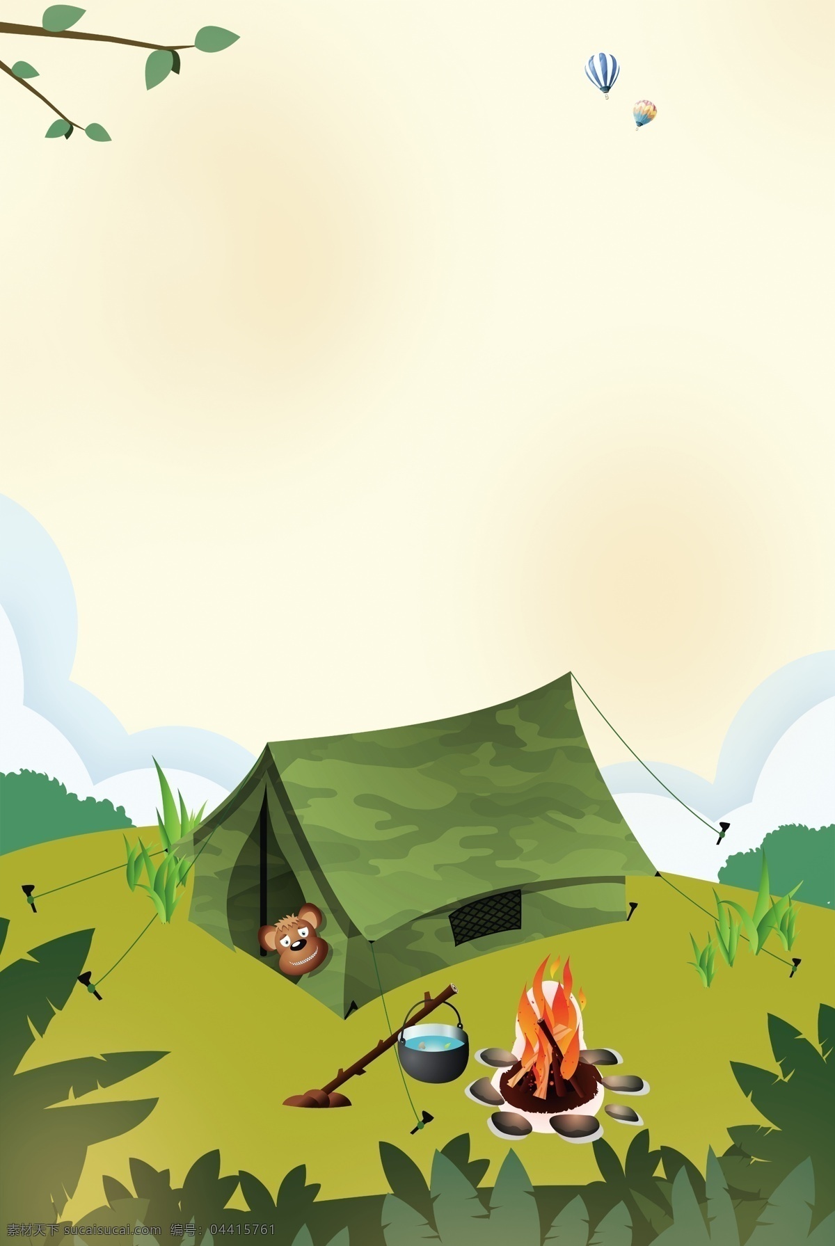 绿色 手绘 森林 野营 卡通 背景 户外 探险 帐篷 夏天 夏令营 宣传