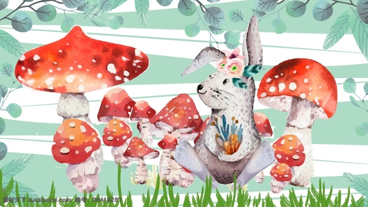 原创 蘑菇 儿童 画本 插画 森林 可爱 小 动物 兔子 小动物 胡萝卜