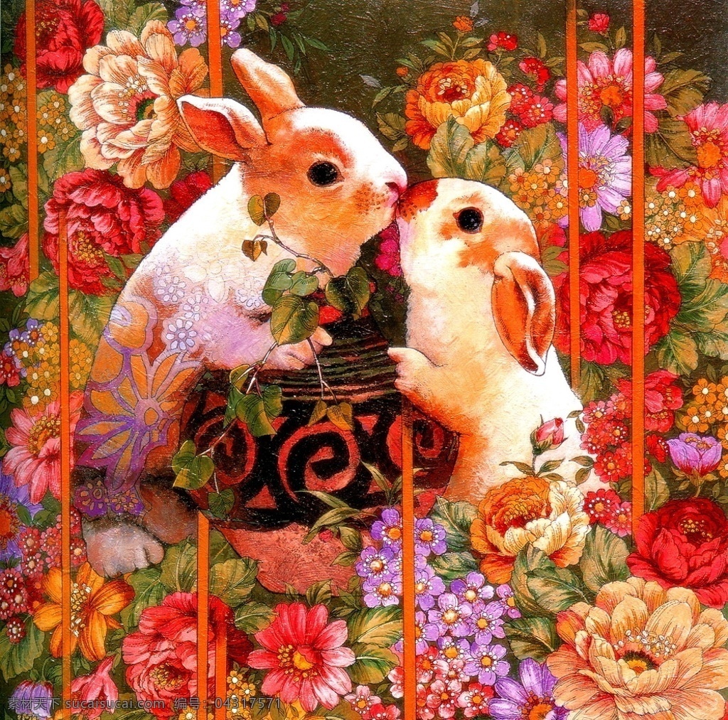 油画生肖兔子 油画 生肖 兔子 生肖兔 两只 可爱 小兔子 接吻 油画作品 装饰画 绘画 文化艺术 兔年 绘画书法